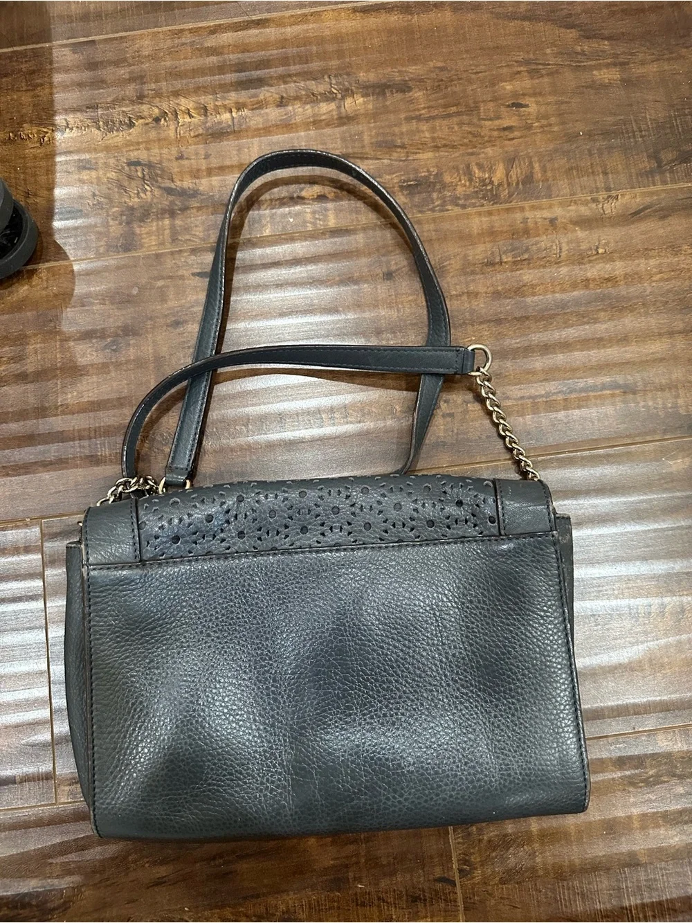 kate spade navy blue perforated floral leather shoulder bag with chain strap